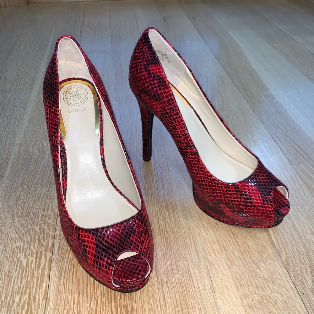 GUESS Snakeskin Honora Peep-Toe Platform Pumps